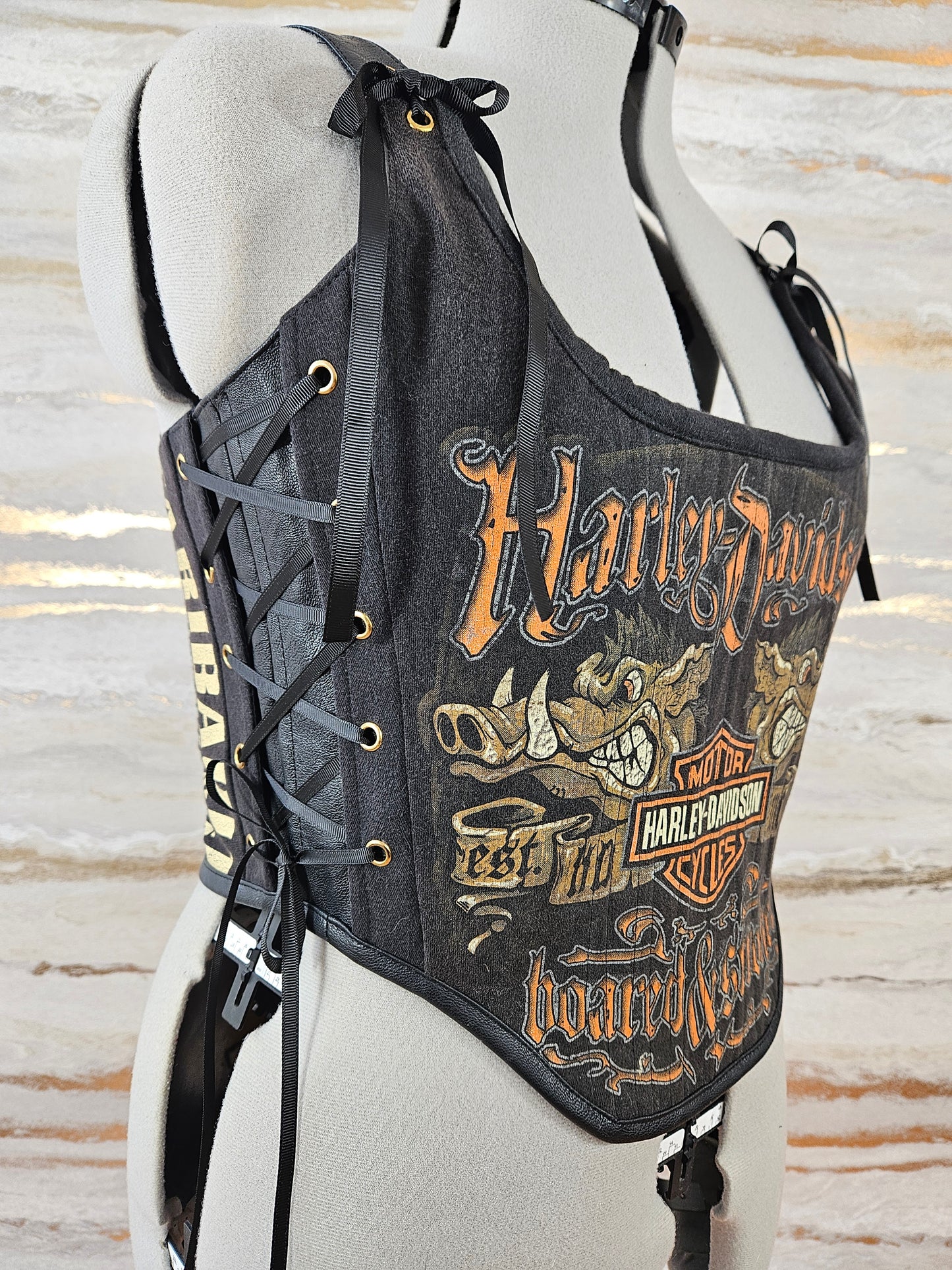 Reworked Harley Davidson cropped back lacing corset - M