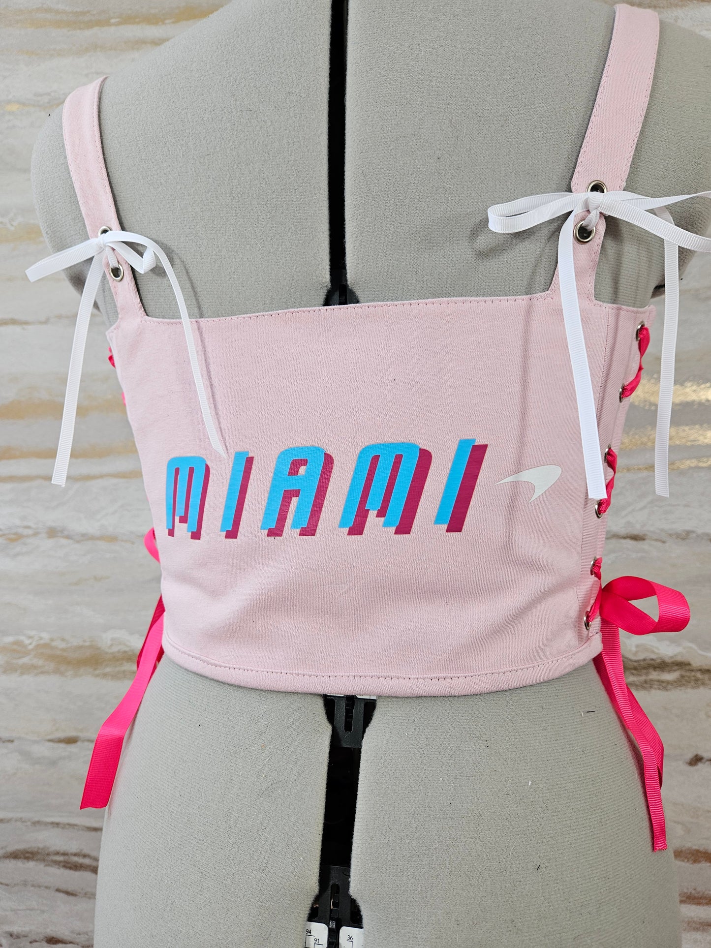 Reworked Pink McLaren cropped back lacing corset - XS/S