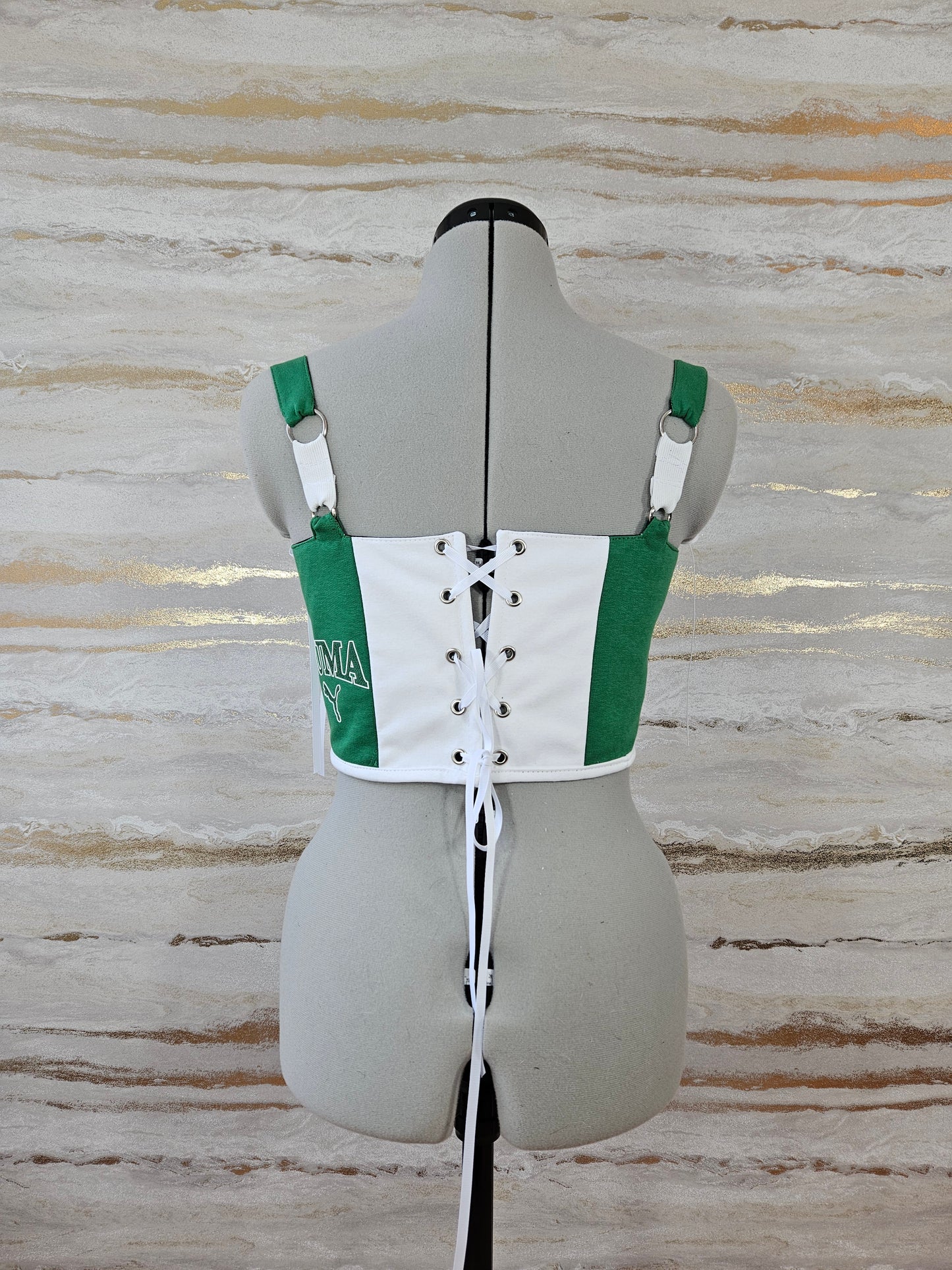 Reworked Green and White Puma cropped back lacing corset - XS/S