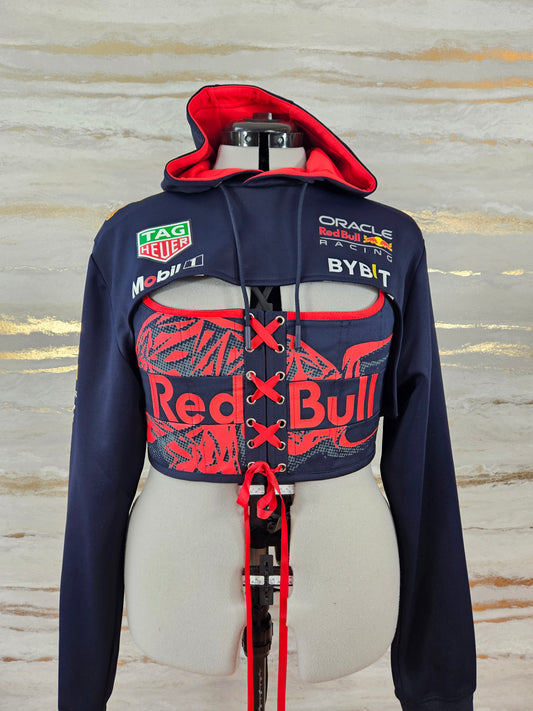 Reworked Red Bull cropped back and front lacing corset set - M