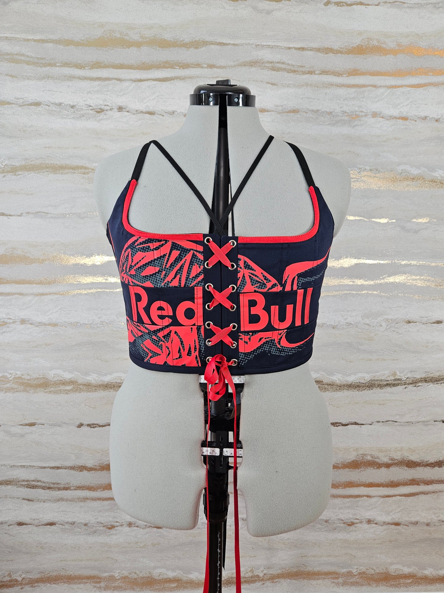 Reworked Red Bull cropped back and front lacing corset set - M