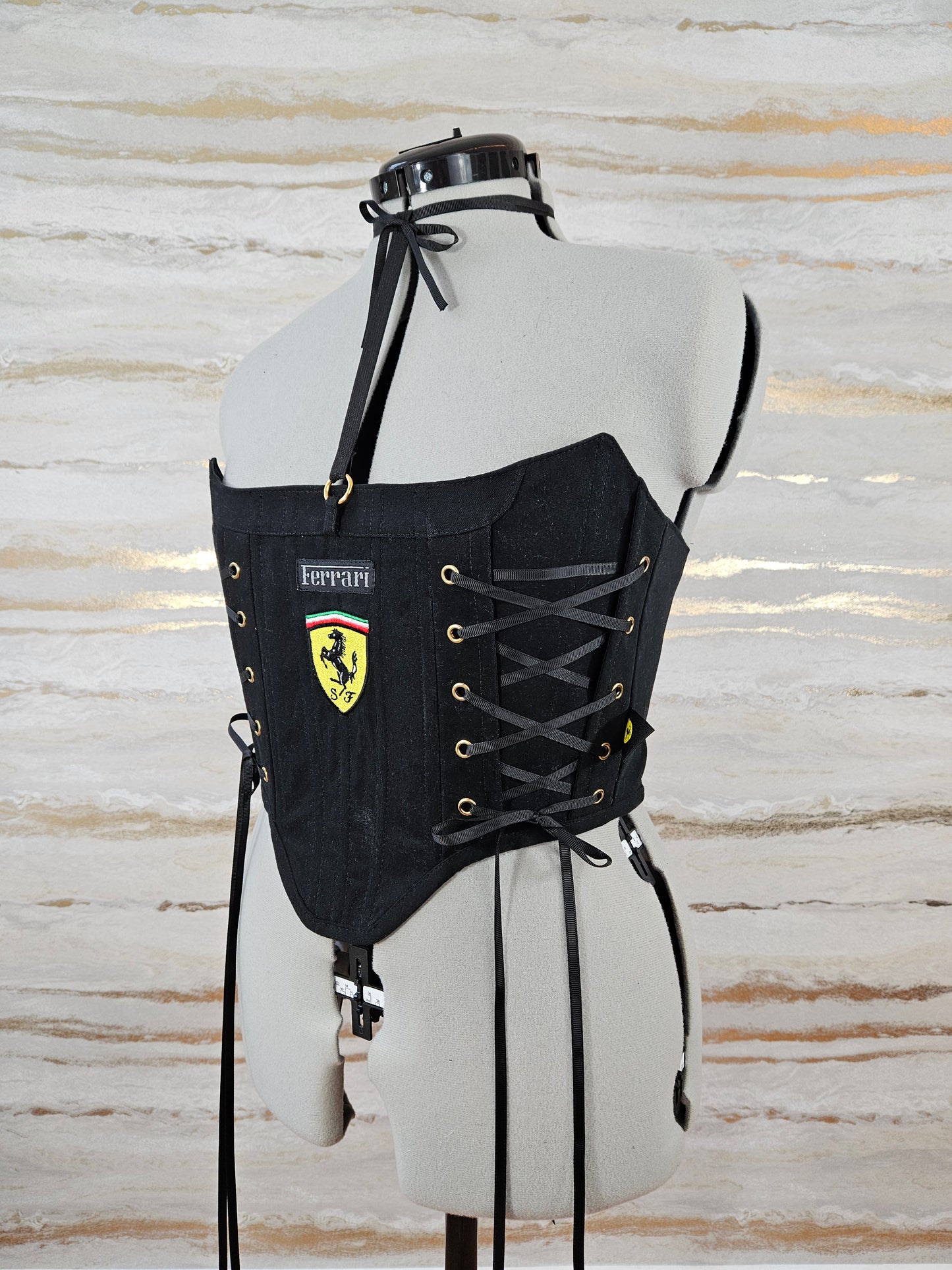 Reworked Black Ferrari cropped back lacing corset - S