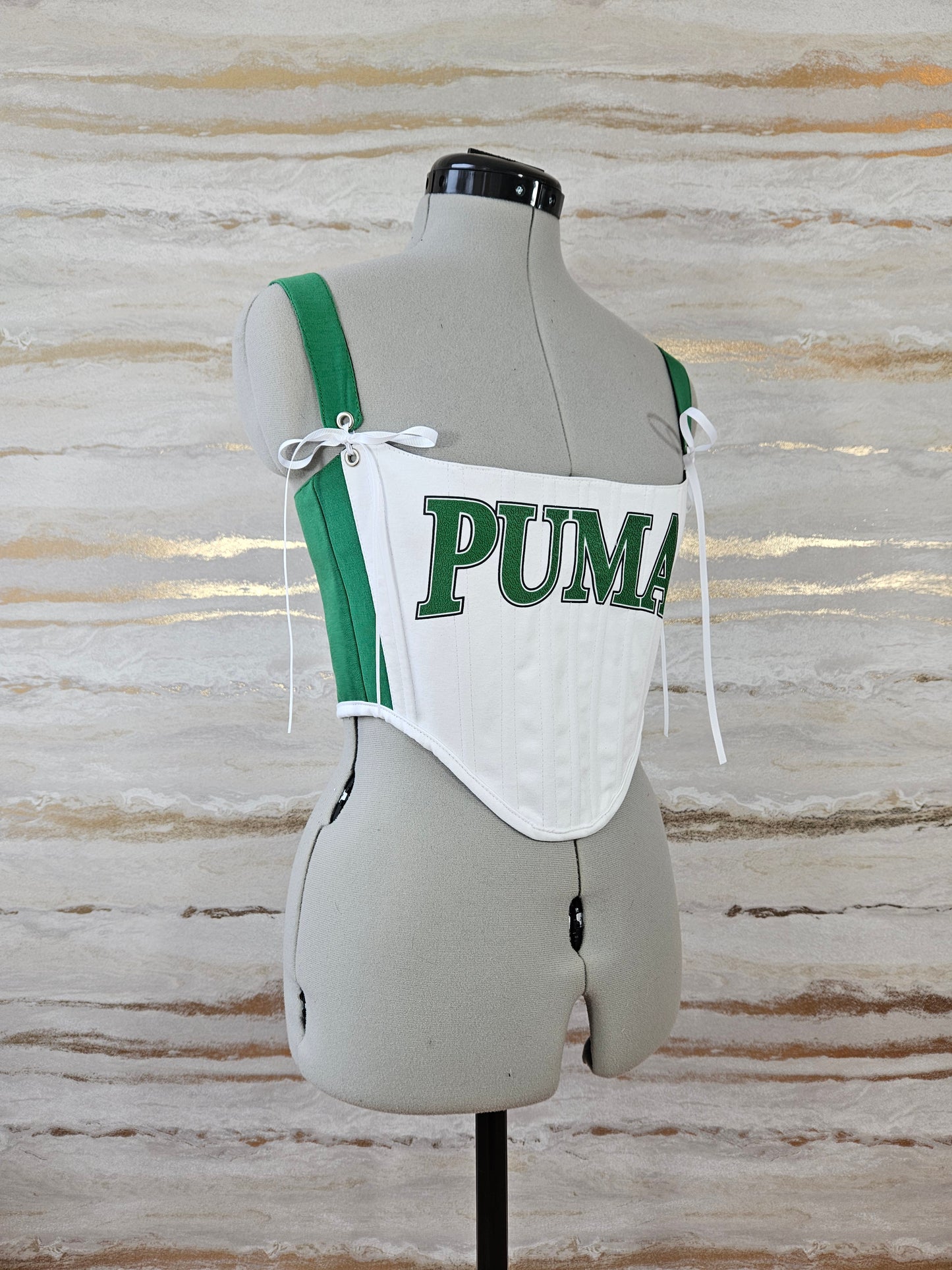 Reworked Green and White Puma cropped back lacing corset - XS/S