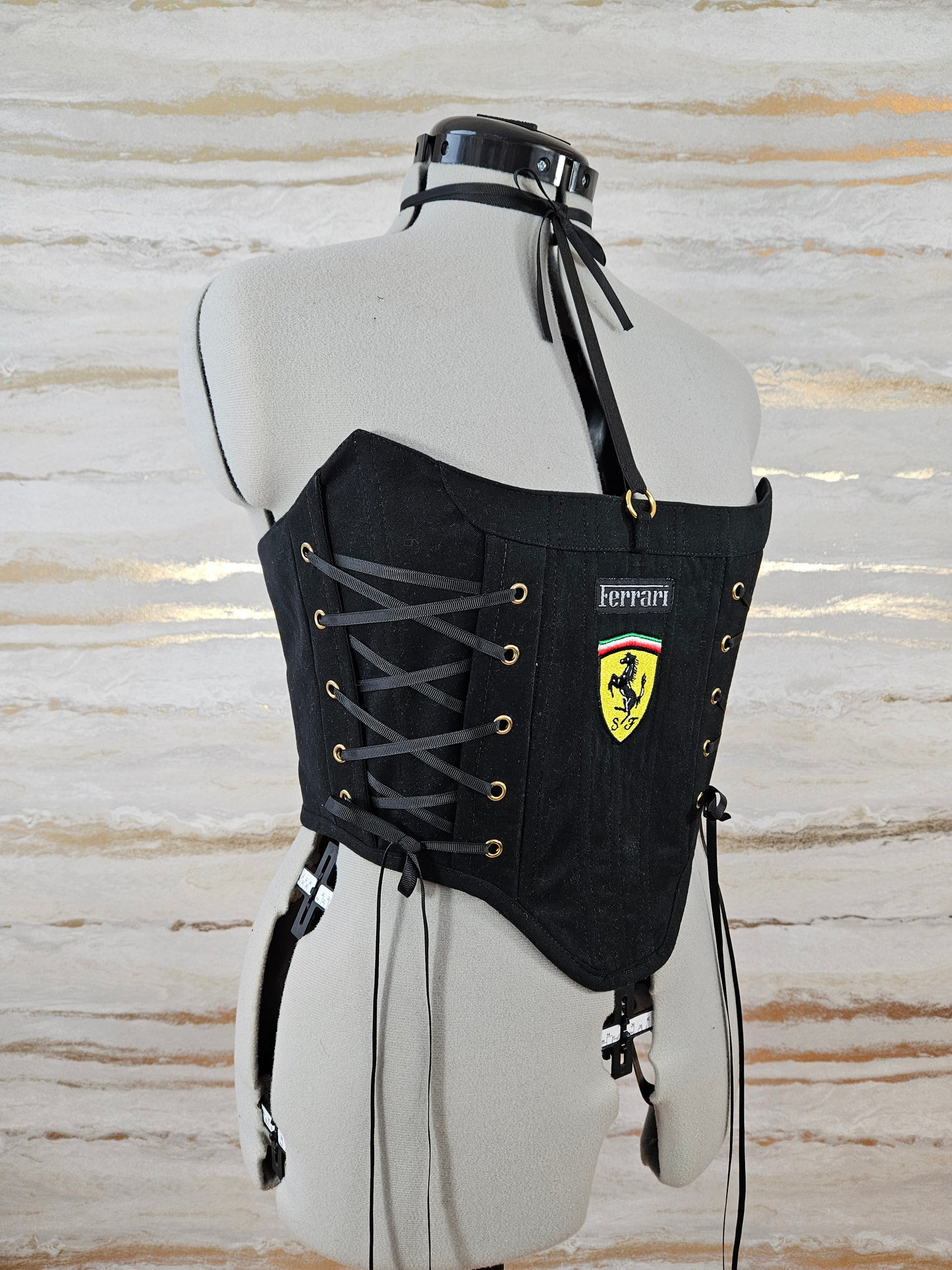 Reworked Black Ferrari cropped back lacing corset - S