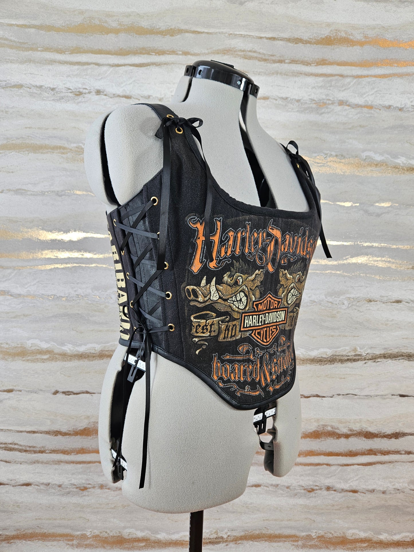 Reworked Harley Davidson cropped back lacing corset - M