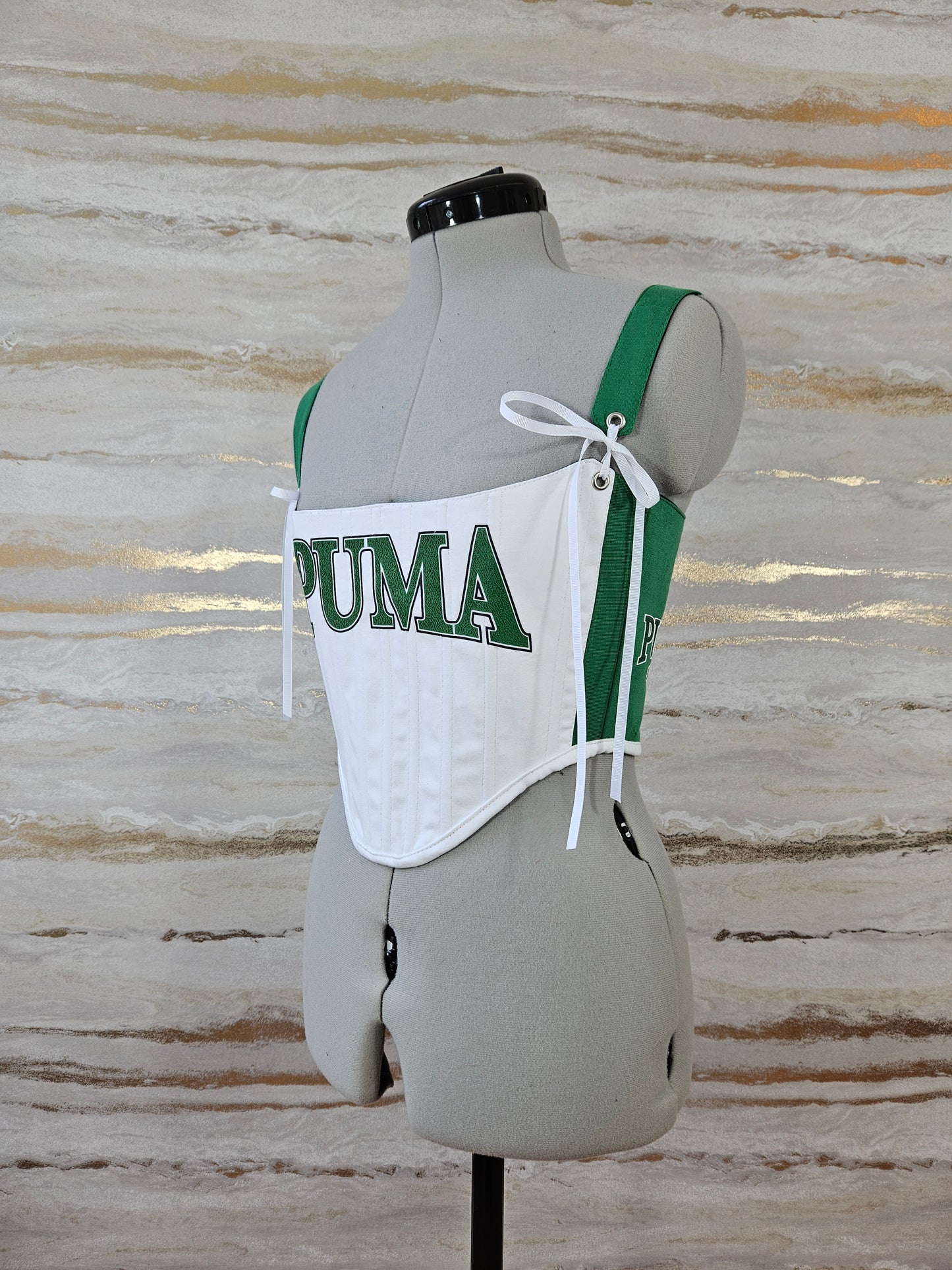 Reworked Green and White Puma cropped back lacing corset - XS/S