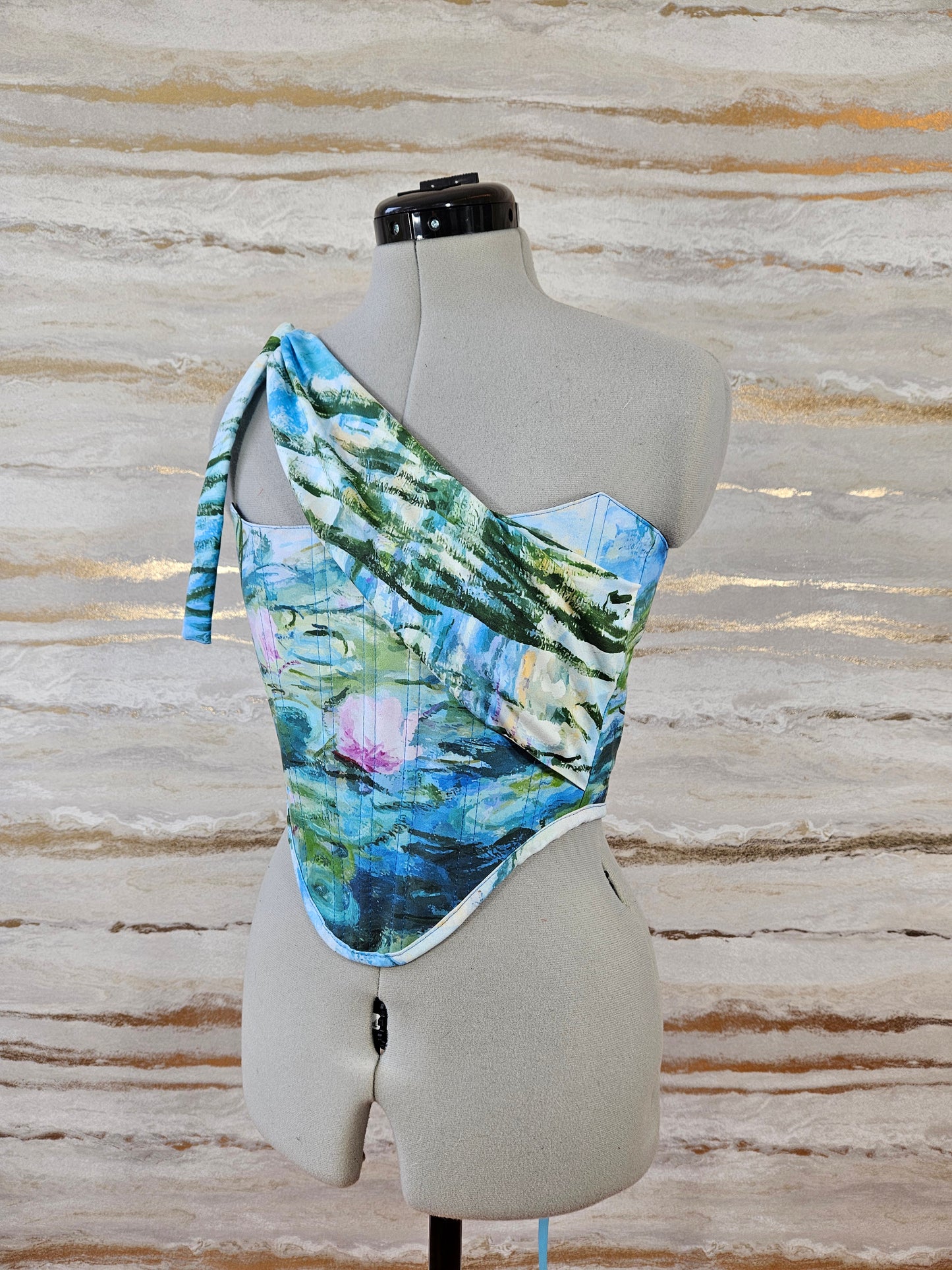 Reworked Water Lilies Monet cropped back lacing corset - XS