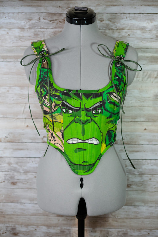 The Hulk patchwork cropped back lacing corset with adjustable bow straps - XS/S